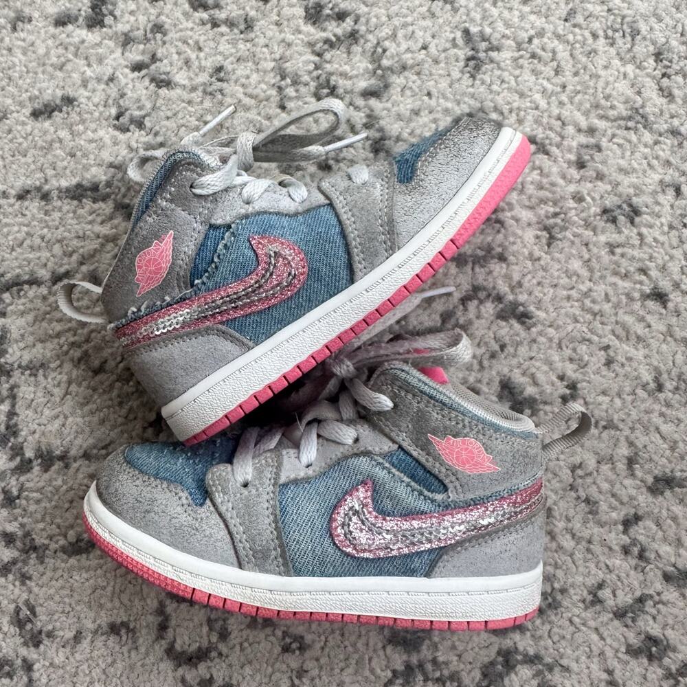 Air Jordan 1 Mid SE Denim Sequin (TD) Sneakers Toddler Size 8C